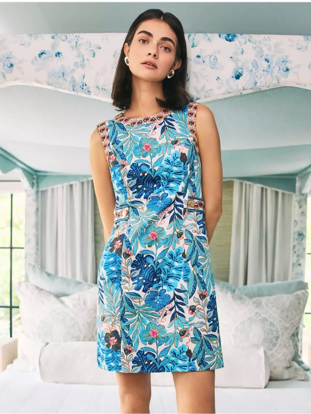 💕💕 NWT Lilly Pulitzer Juno Stretch Floral Blue Sleeveless Shift Dress